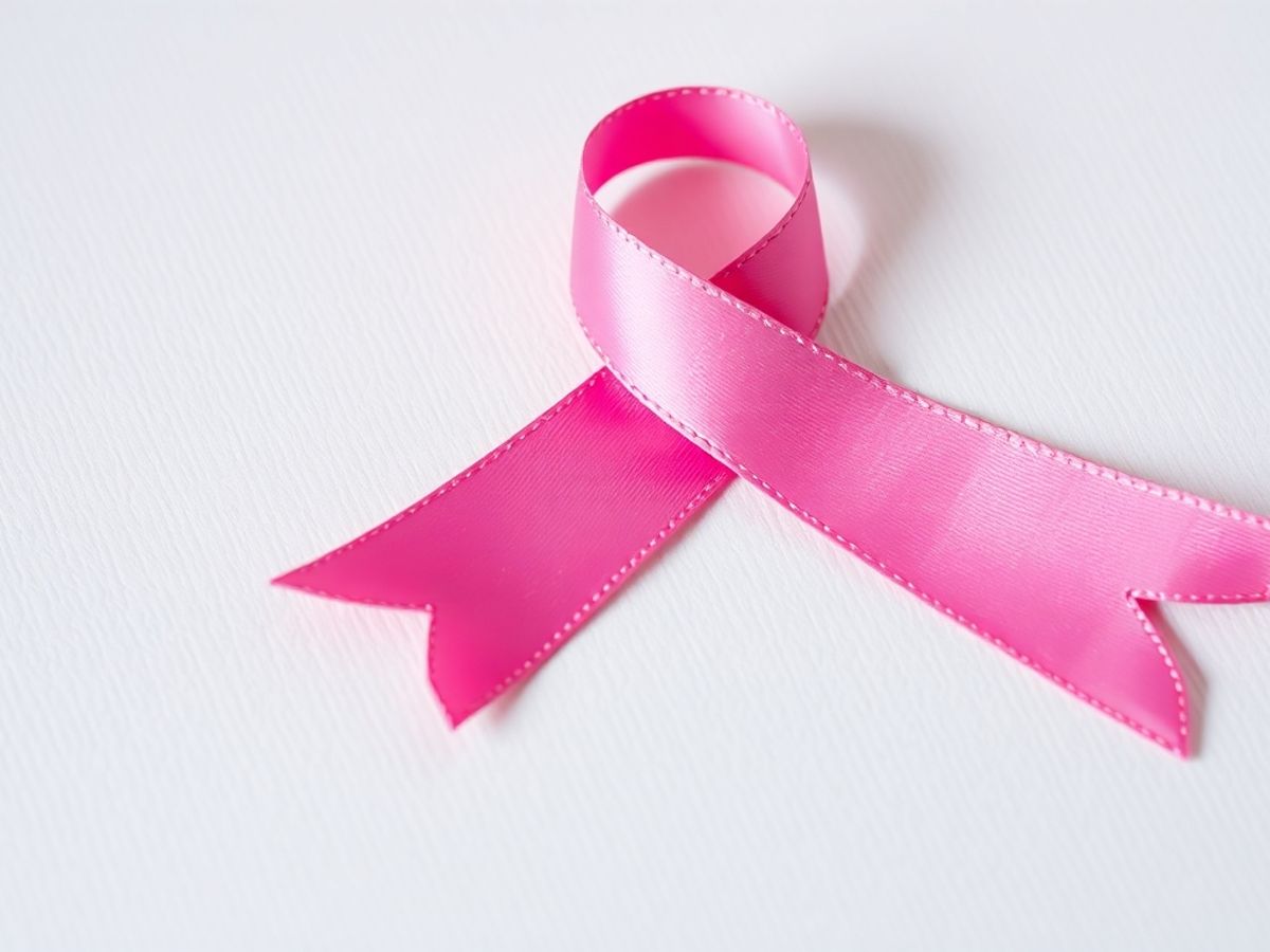 Pink ribbon for breast cancer awareness on white background.