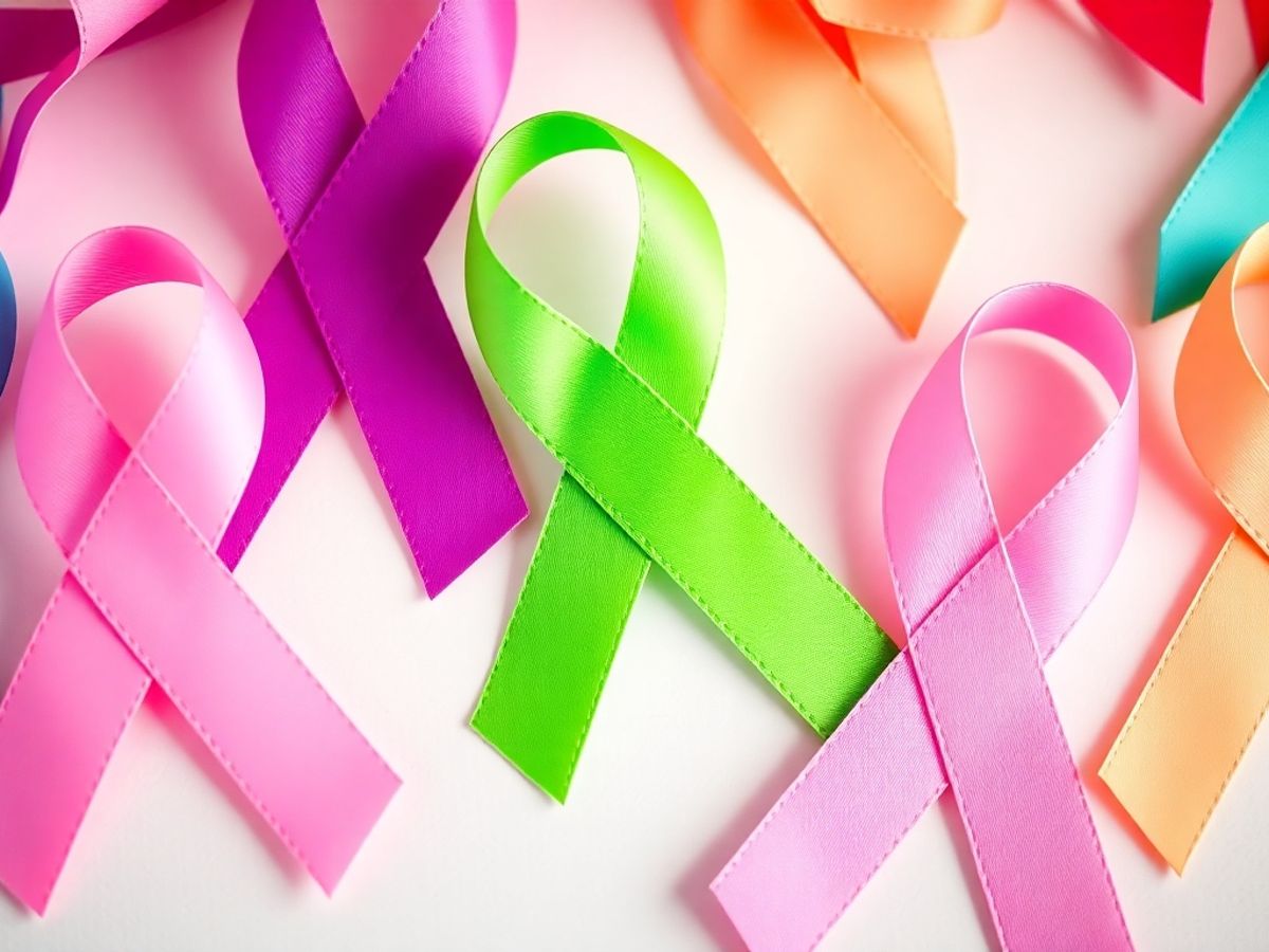 Colorful breast cancer awareness ribbons on a soft background.