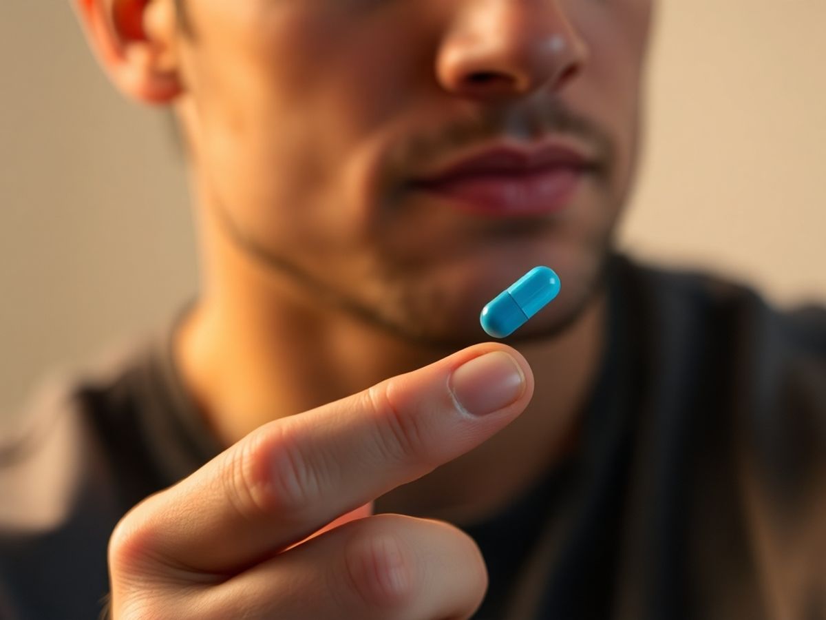 Close-up of a man holding a blue pill.