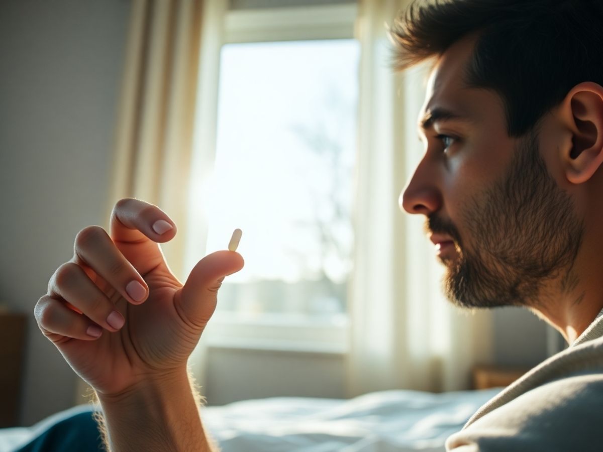 Man holding Viagra pill in morning light.