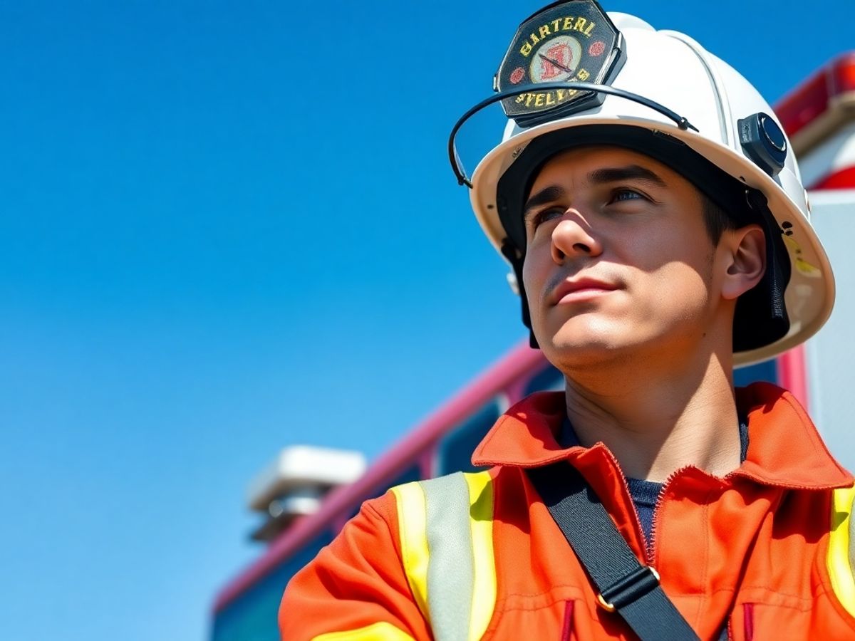 Firefighter in uniform standing confidently by a fire truck.