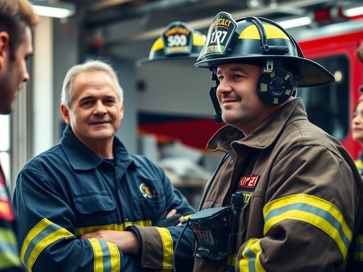 Firefighter in uniform engaging with colleagues at station.