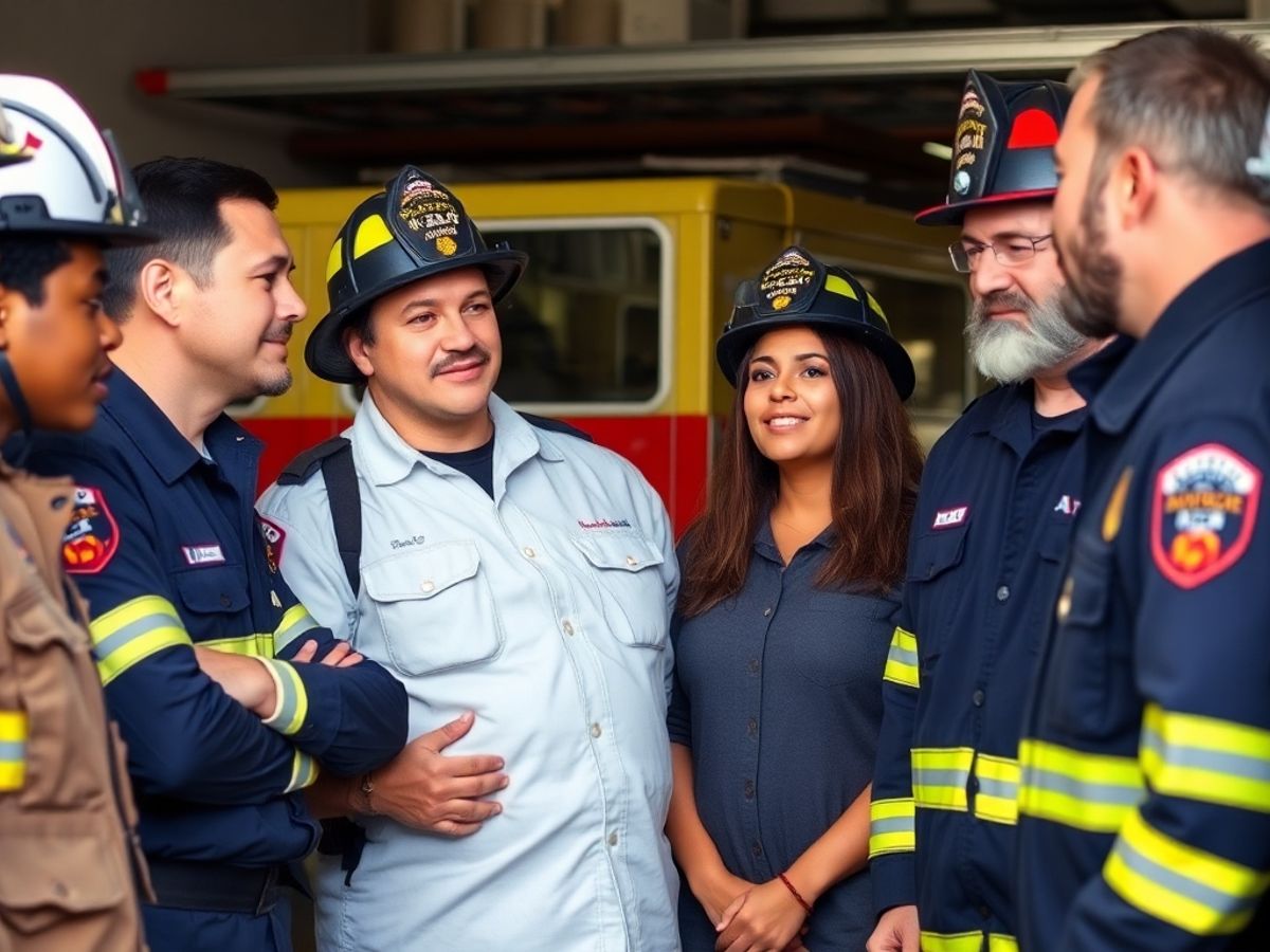 Firefighters discussing in front of a fire station.