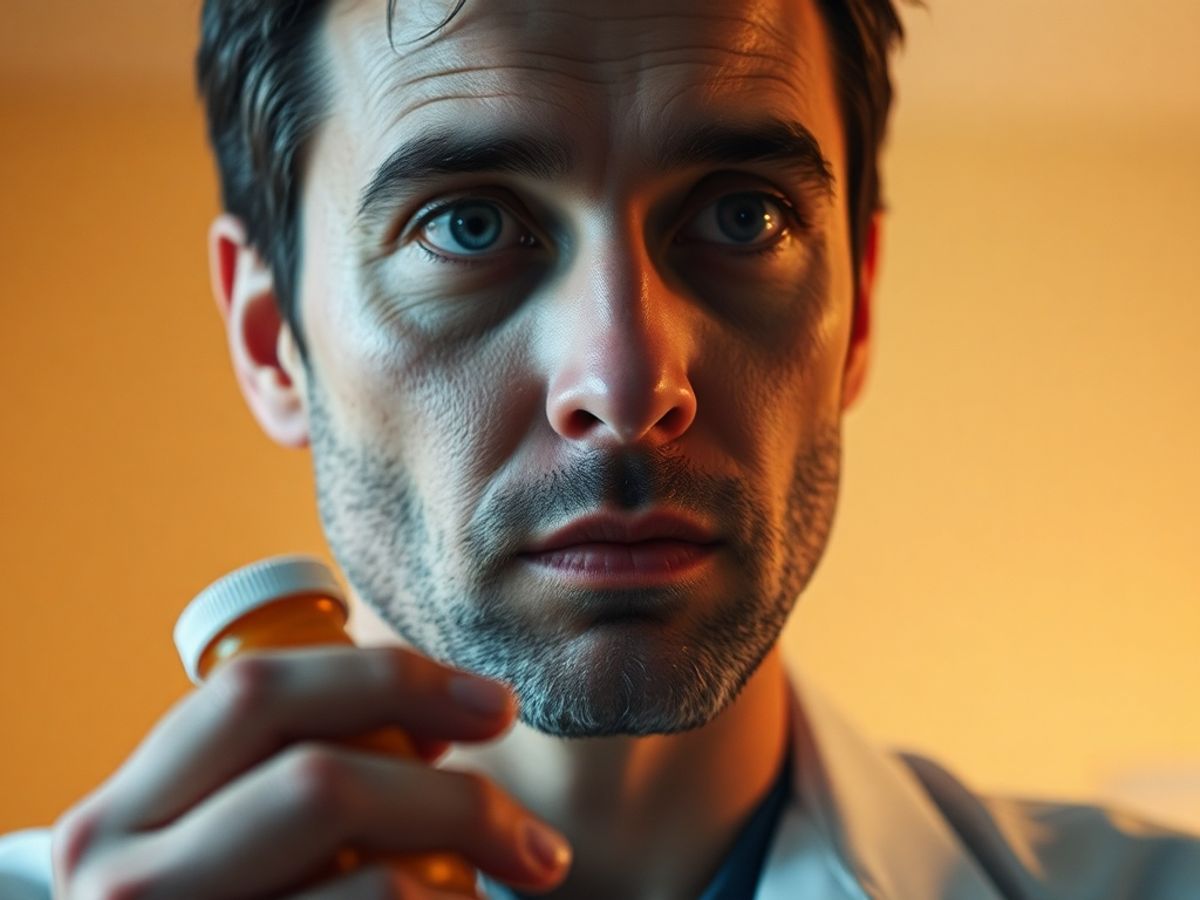 Man holding a prescription bottle in a medical setting.