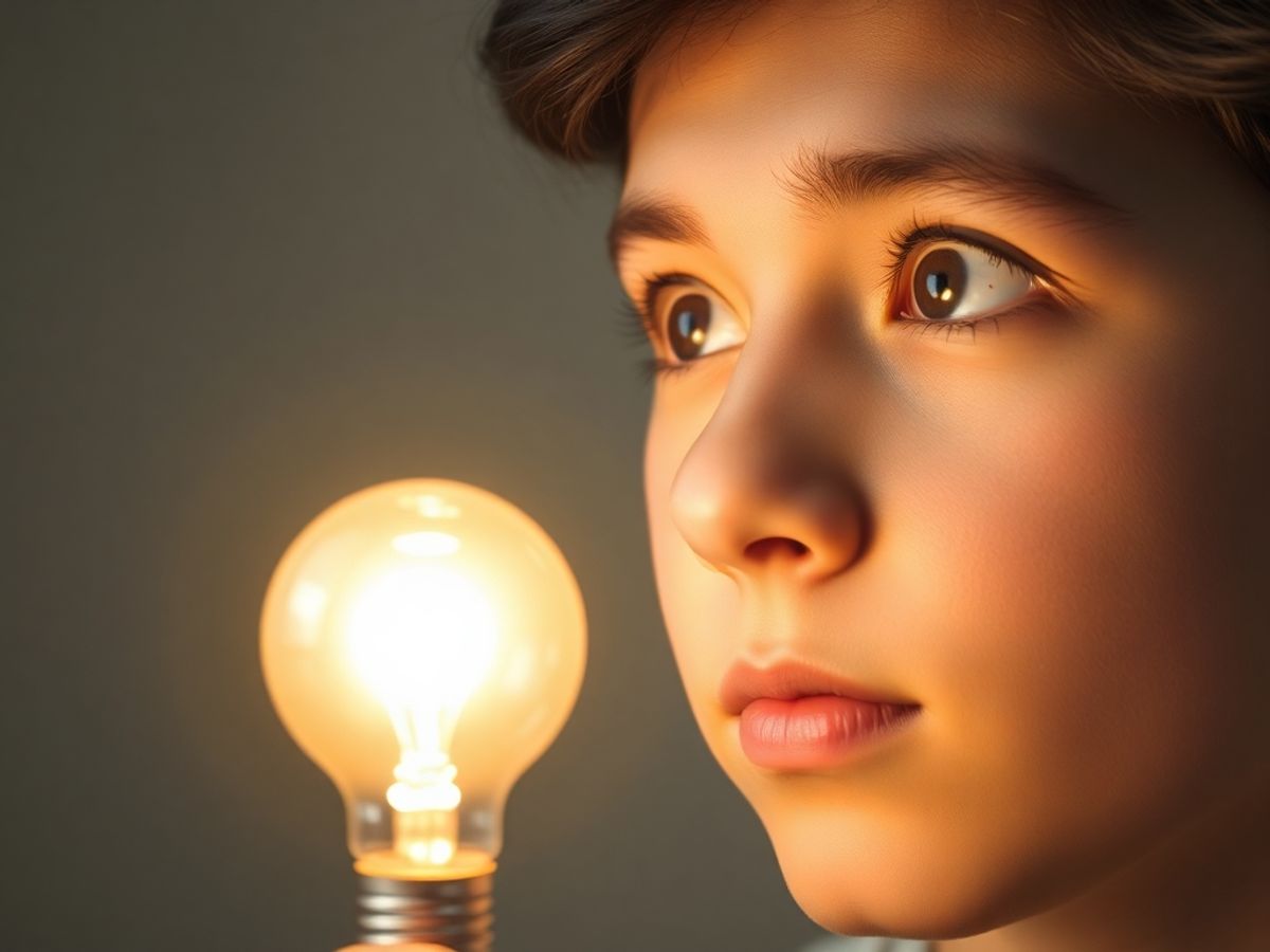 Thoughtful person with lightbulb, reflecting intelligence and creativity.