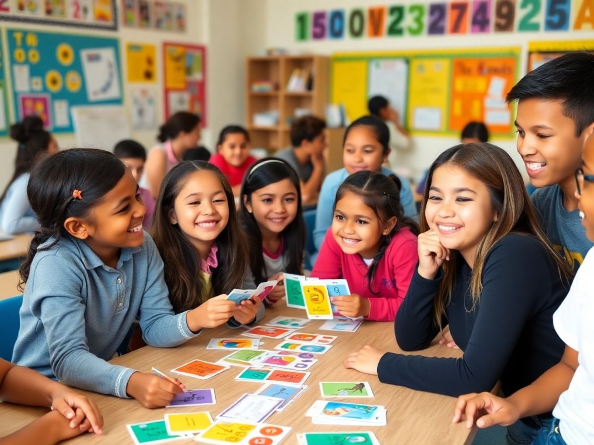 Diverse students actively learning languages in a bright classroom.