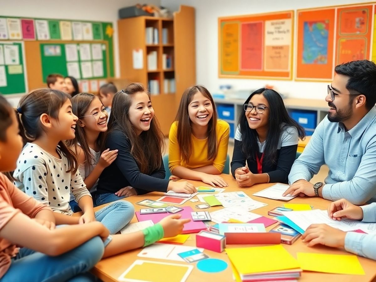 Students enjoying a fun language learning activity in class