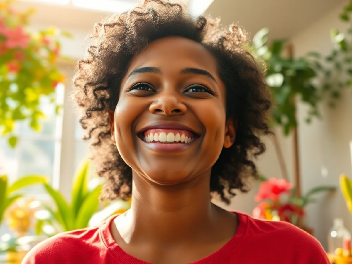 Smiling person in a bright, colorful room.