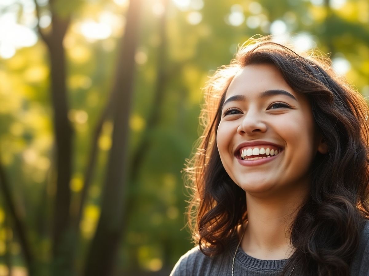 Smiling person in nature representing improved mood.