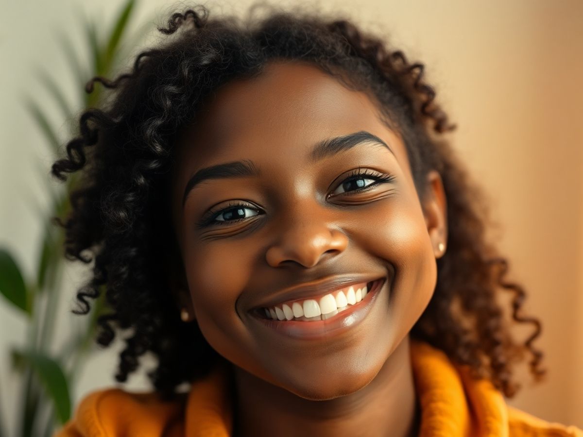 Smiling person in a calming environment with plants.