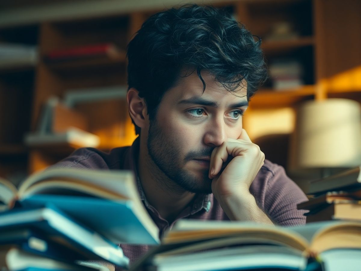 Adult contemplating life with books and notes around.