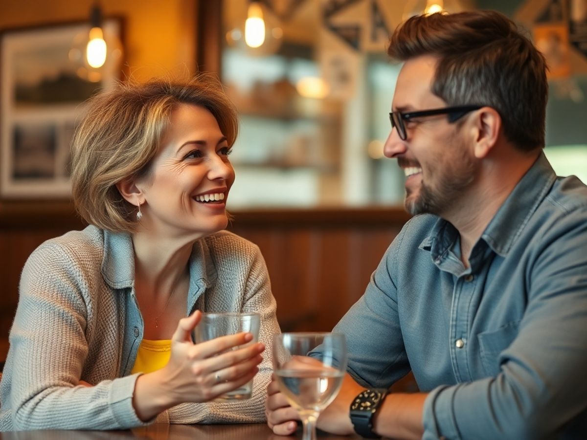 Two adults talking in a cozy café setting.