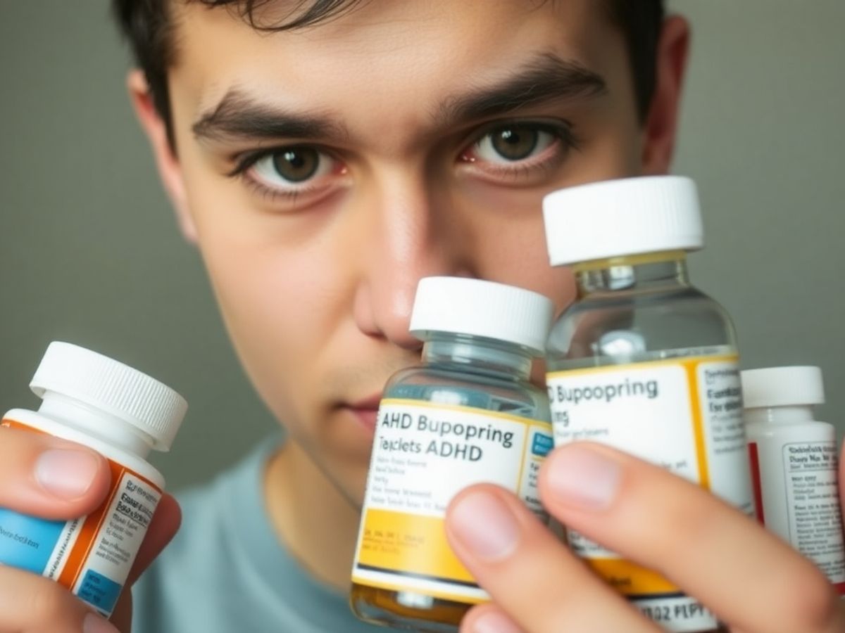 Person holding bupropion medication bottles thoughtfully.