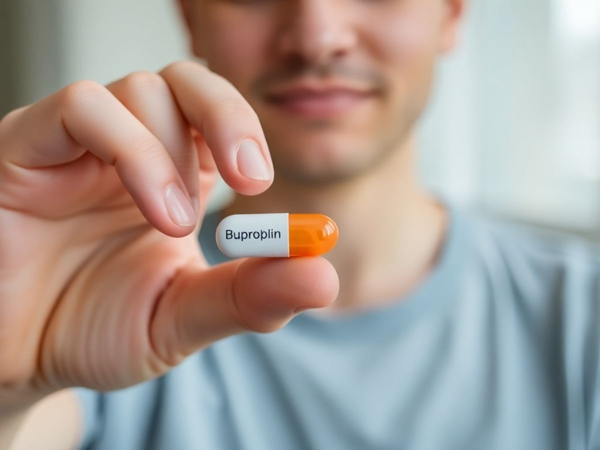 Person holding a bupropion capsule in hand.