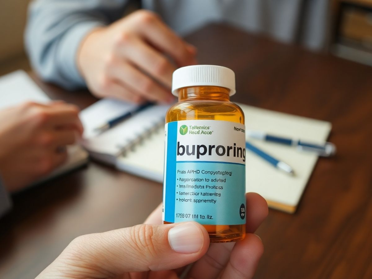 Person holding bupropion bottle with ADHD items in background.