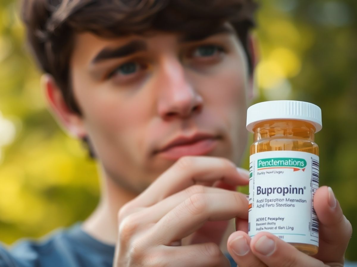 Person examining bupropion prescription bottles thoughtfully.