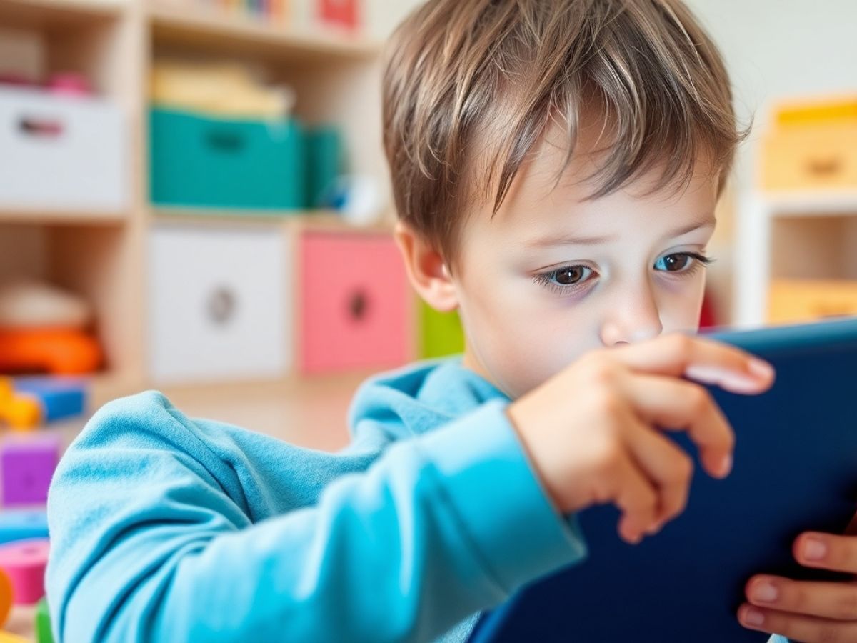 Child focused on a tablet in a bright room.