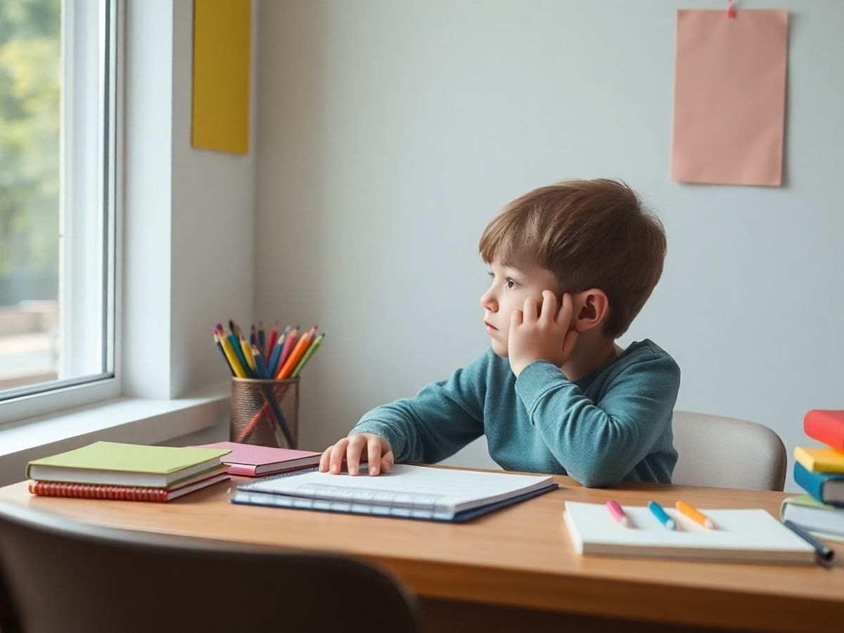 Child sitting at a desk, looking out the window.