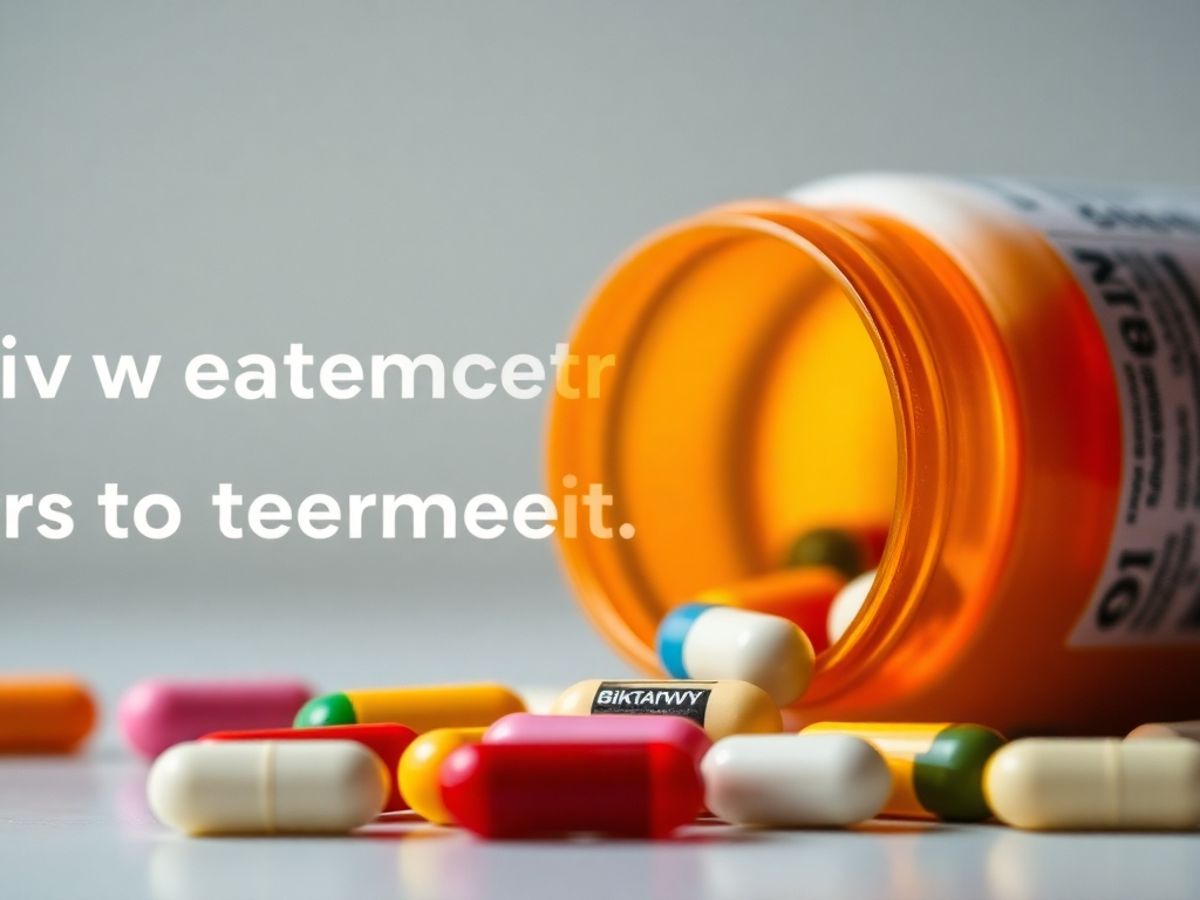 Biktarvy pill bottle with colorful pills on a blurred background.