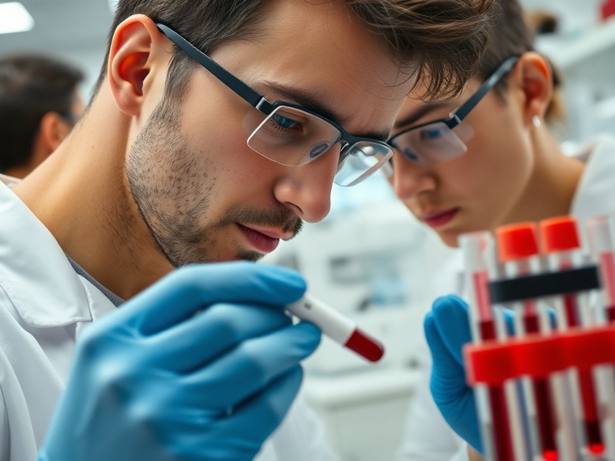 Researcher analyzing blood samples in a lab setting.