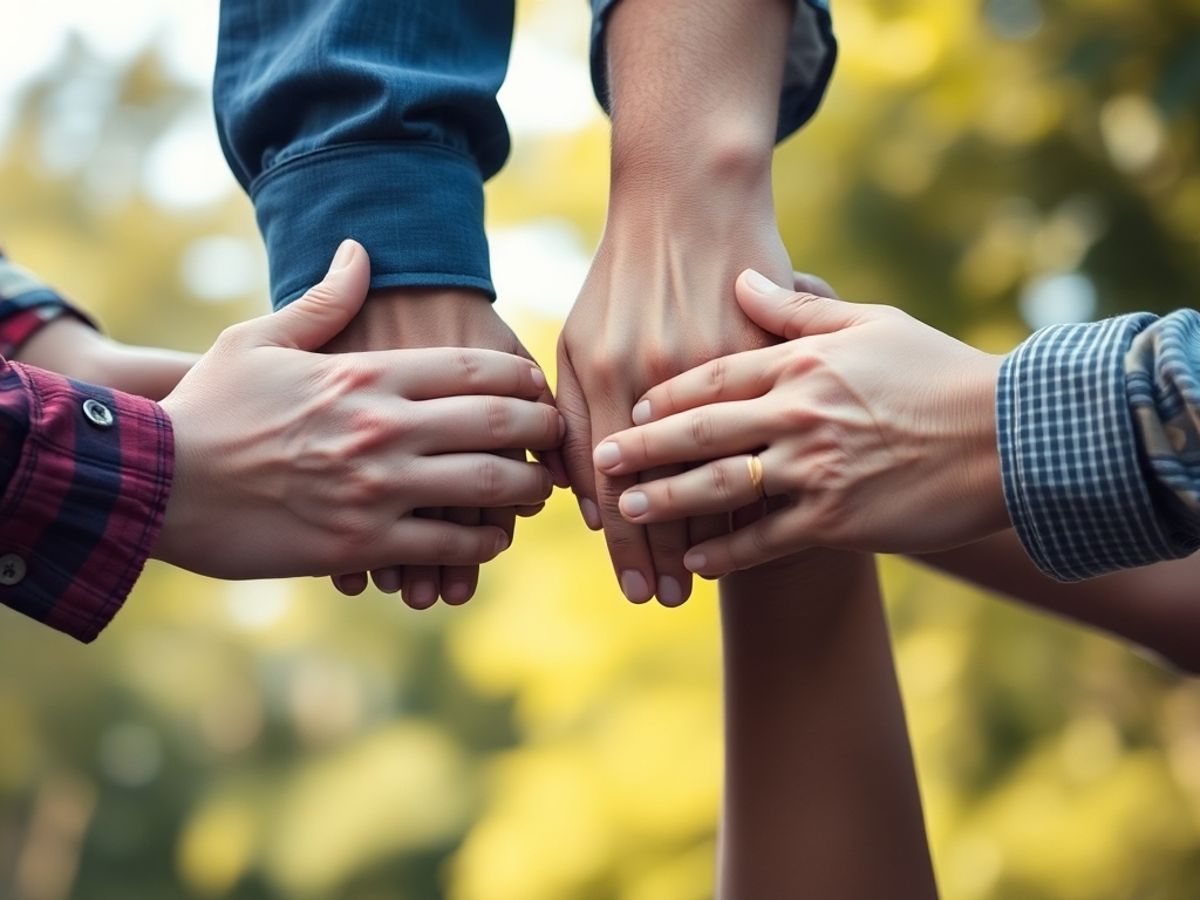 Diverse hands joined in solidarity, representing HIV support.