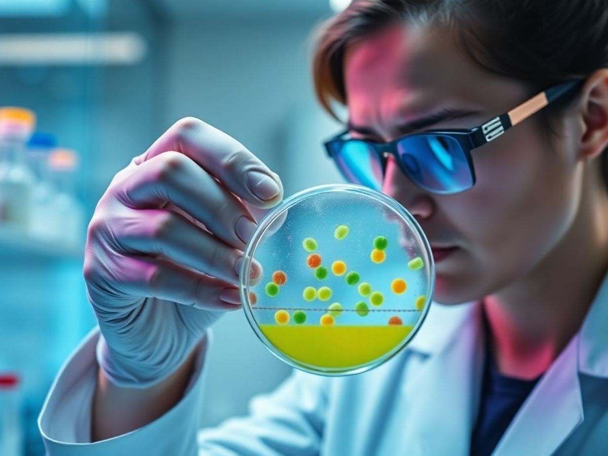 Scientist examining a petri dish in a lab setting.