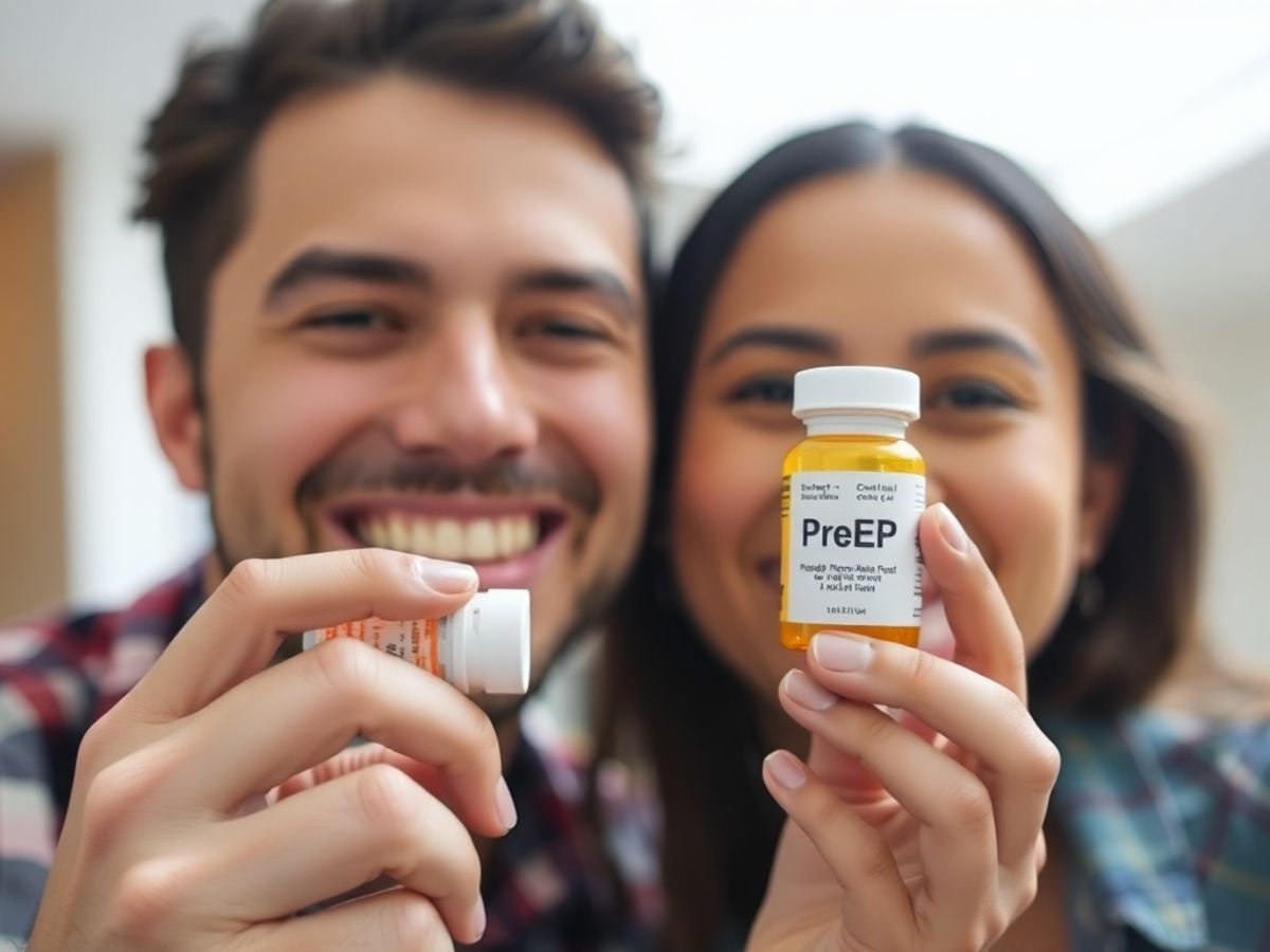 Two people smiling with a PrEP pill bottle together.