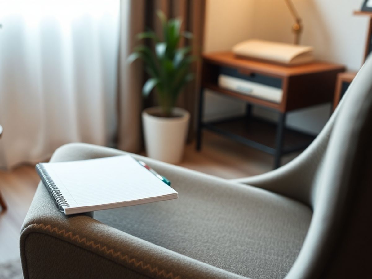 A psychiatrist's office with comfortable furnishings and soft light.