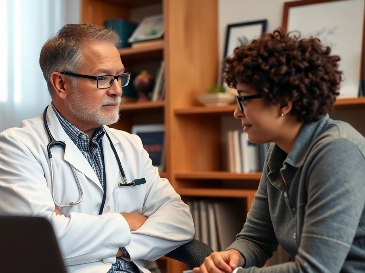 Psychiatrist and patient discussing ADHD diagnosis in office.