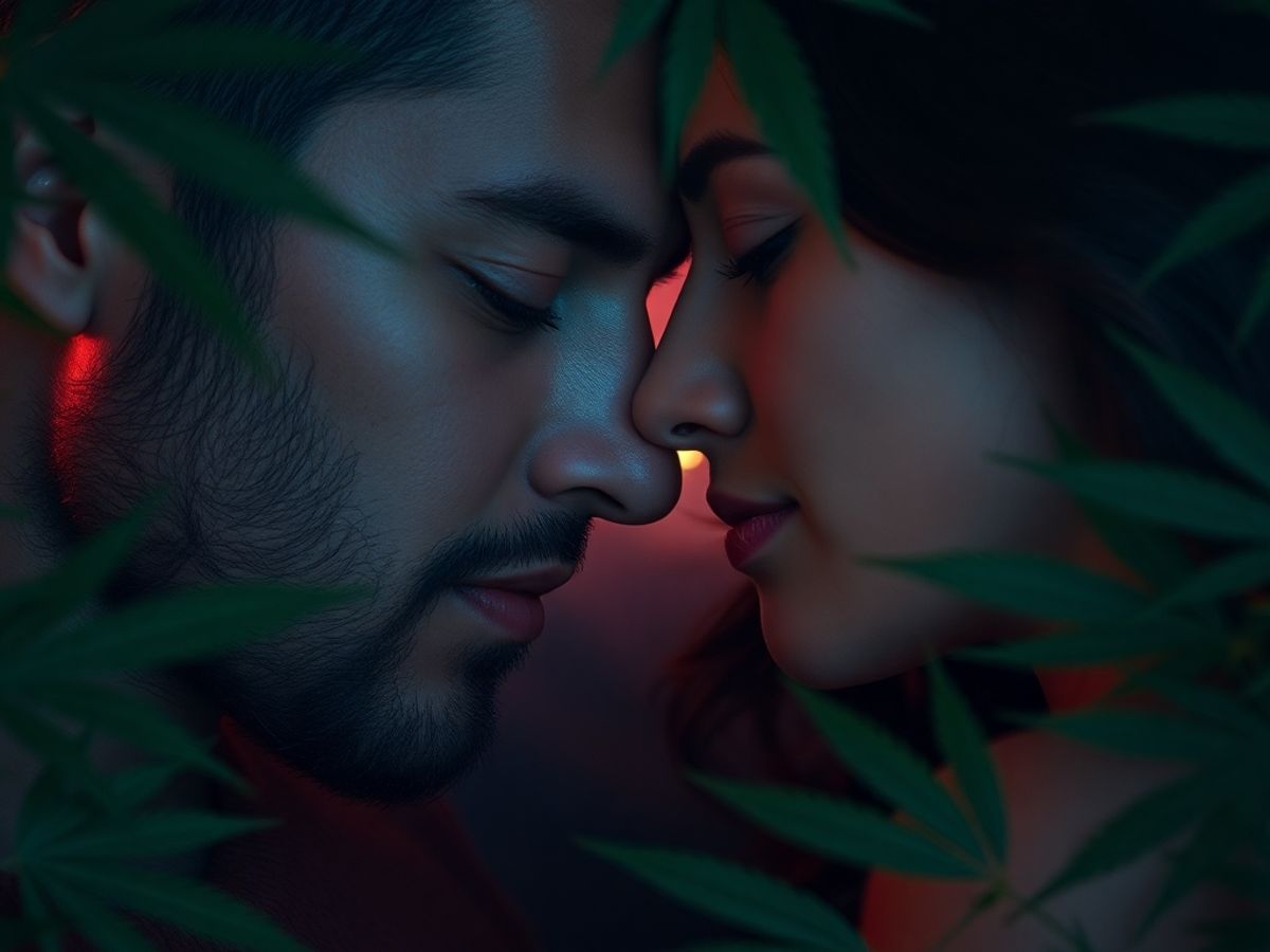 Couple in an intimate setting with cannabis leaves around.