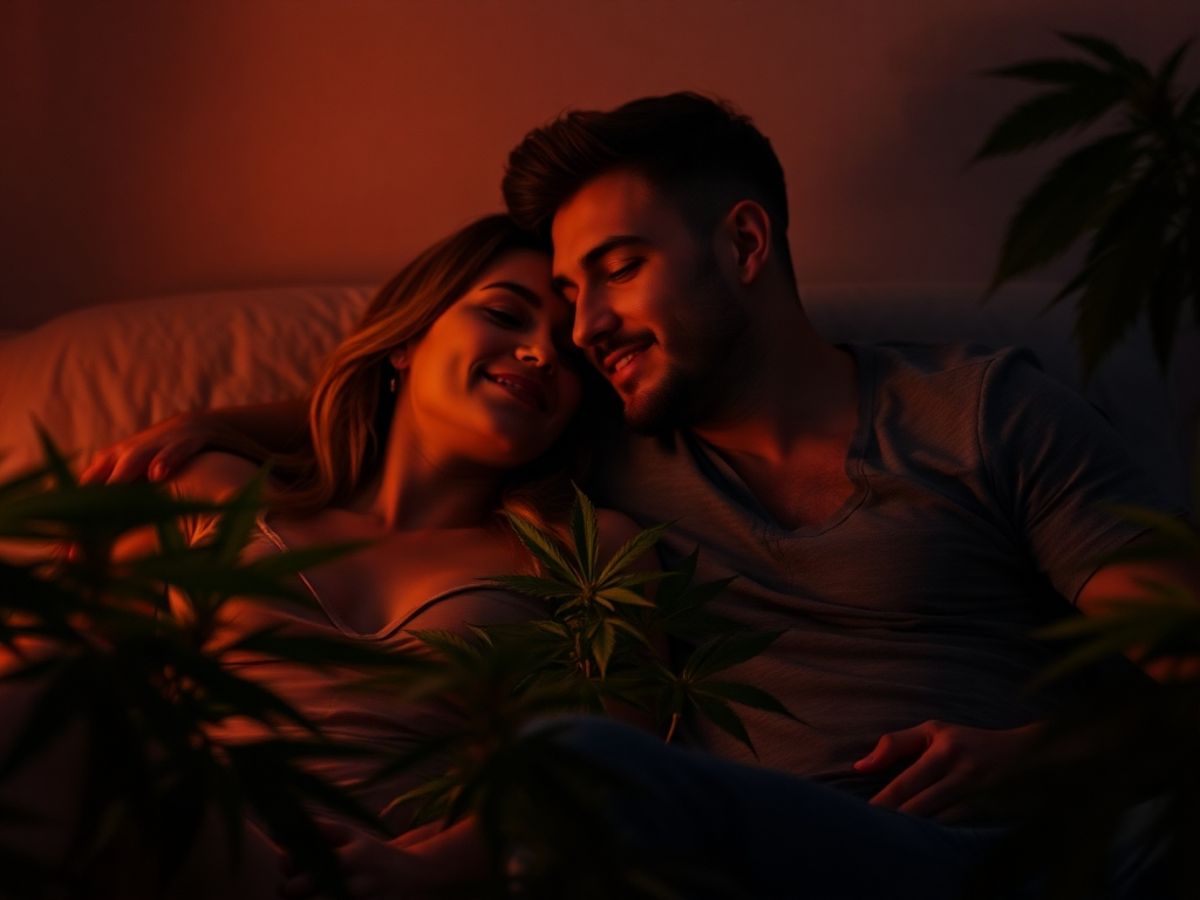 Couple enjoying intimacy with cannabis in a cozy setting.