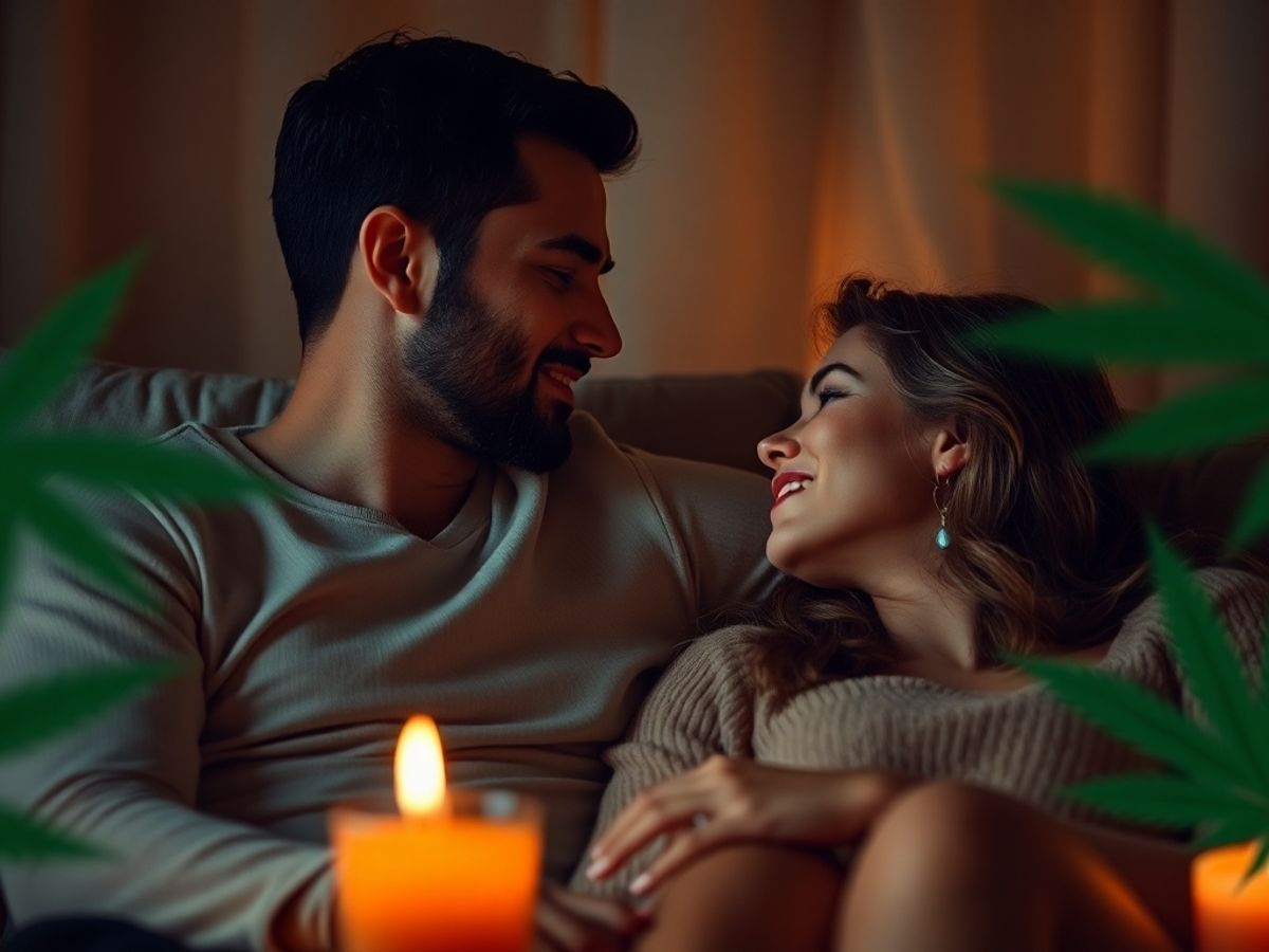 Couple in intimate setting with cannabis elements.