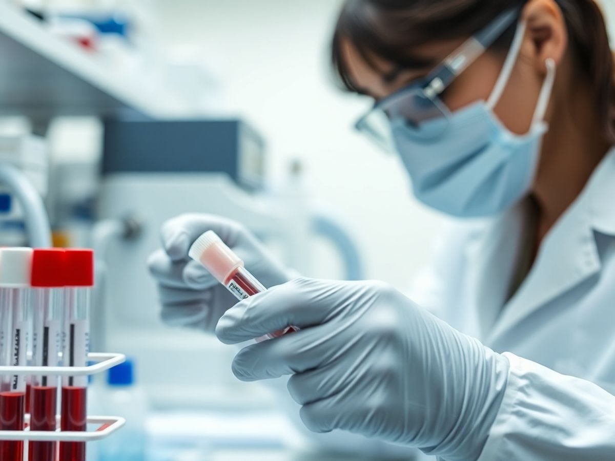 Laboratory technician examining blood samples for HIV testing.