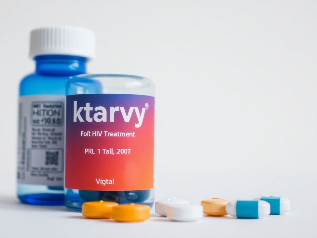 Biktarvy medication bottle and tablets on a neutral background.