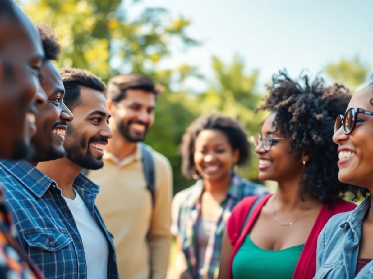 Diverse group discussing health and HIV prevention outdoors.